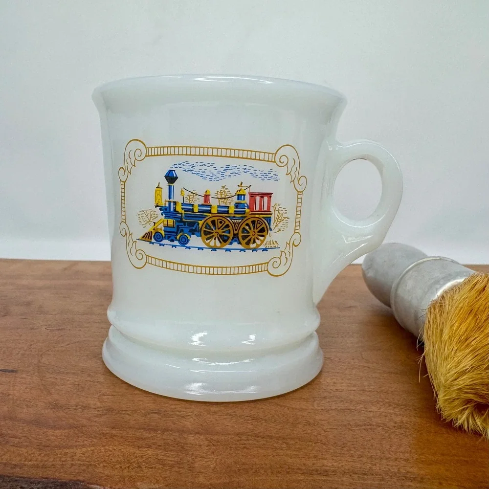 Vintage Avon Milk Glass Train Shaving Mug & Dubl Duck M-4 Aluminum Brush Set
